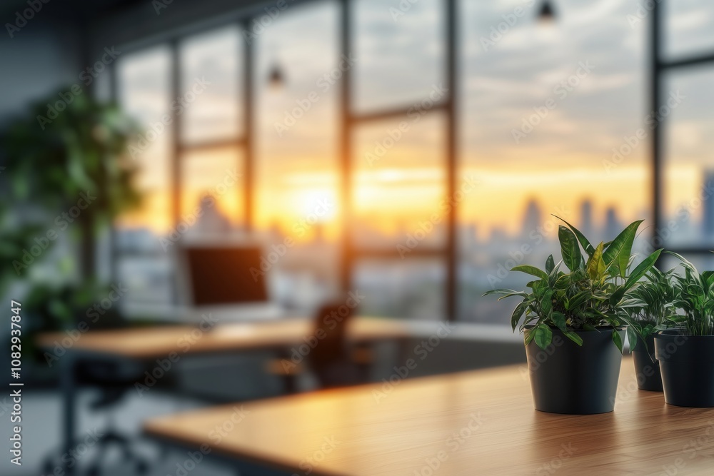 Potted plants on a wooden desk in a modern office with a blurred cityscape at sunset, creating a tranquil and efficient workspace Potted plants on a wooden desk in a modern office with a blurred cityscape at sunset, creating a tranquil and efficient workspace