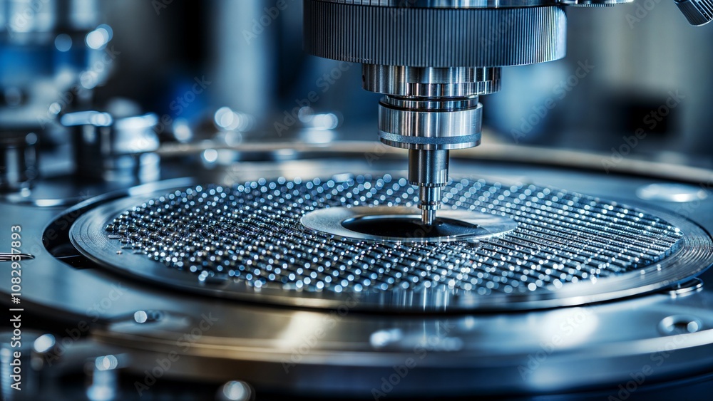 Close-up of a precision machine tool working on a metallic surface. Close-up of a precision machine tool working on a metallic surface.