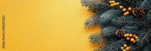 Festive evergreen branches with cones and berries displayed against a vibrant...