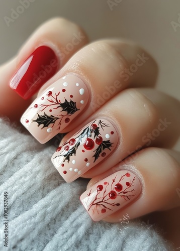 Creative holiday nail art design featuring festive colors and decorations for...