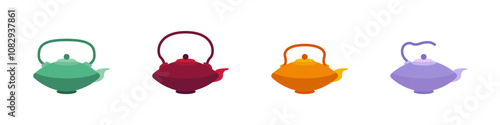 Teapots vector set. Stylish ceramic teapots. A traditional Japanese kettle. Colored teapots. Teapot for ceremonies. Teapot for ritual tea parties. Tea pot vector. Vector illustration.