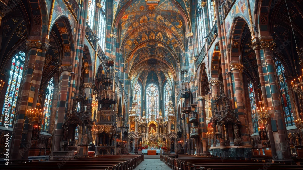 Obraz premium An awe-inspiring view of a grand, intricately designed historical cathedral interior with richly detailed stained glass windows and vaulted ceilings