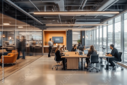Busy office workers and professionals are using laptops while navigating a modern, bright, and open office with glass dividers, ample natural light, and stylish furnishings