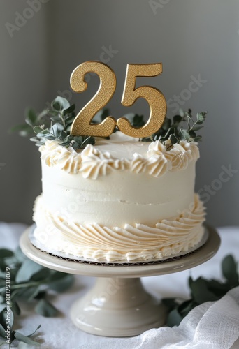 Elegant white cake topped with gold twenty five celebrating a special milesto...