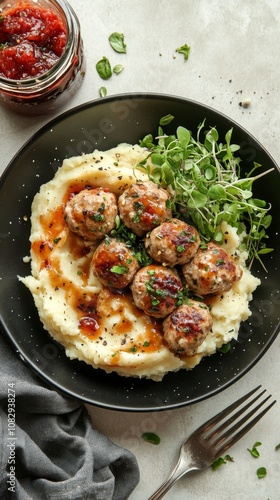 Hearty meatballs served over creamy mashed potatoes with fresh greens and sav...