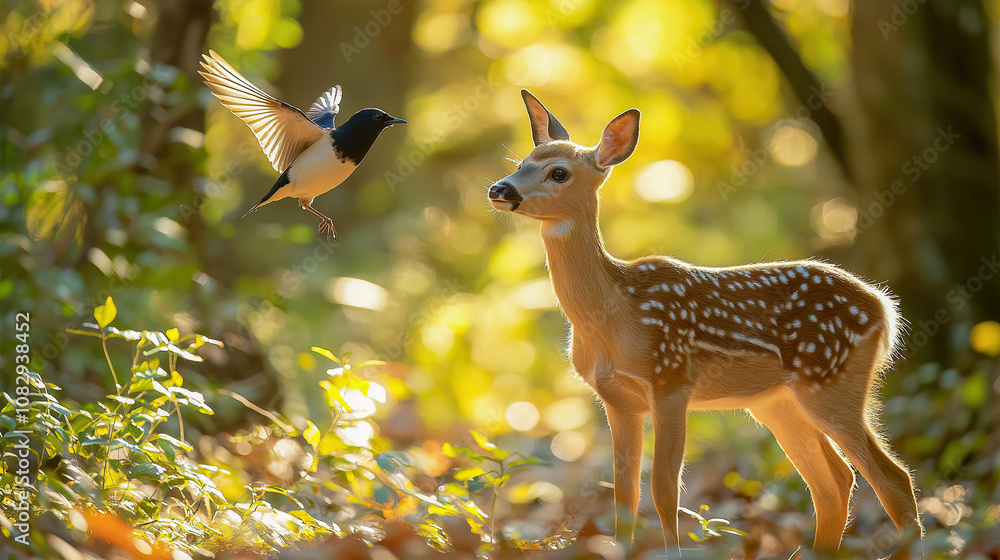 A curious fawn looks up at a flying bird in a sunlit forest. The dappled light creates a magical atmosphere.