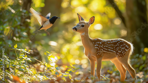 Obraz na płótnie A curious fawn looks up at a flying bird in a sunlit forest. The dappled light creates a magical atmosphere. w salonie