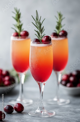 Refreshing cranberry cocktails garnished with rosemary and cherries for festi...