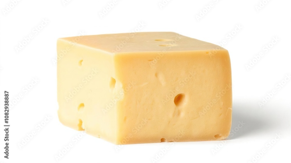 A block of cheddar cheese, perfectly cut with visible texture and natural coloring, isolated on a white background, natural, delicious, dairy product