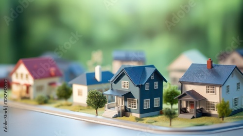 Wallpaper Mural A charming blue house model stands on display against a blurred backdrop, surrounded by charming miniature homes and lush greenery. Torontodigital.ca