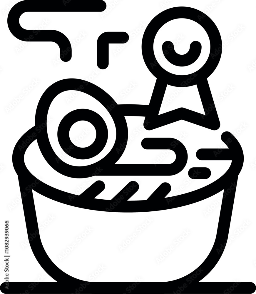 Hot soup with egg winning cooking award, simple award badge over steaming bowl Hot soup with egg winning cooking award, simple award badge over steaming bowl