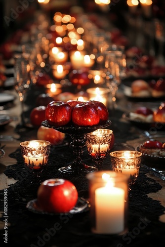 Elegant dinner setting with red apples and candlelight at a festive gathering...