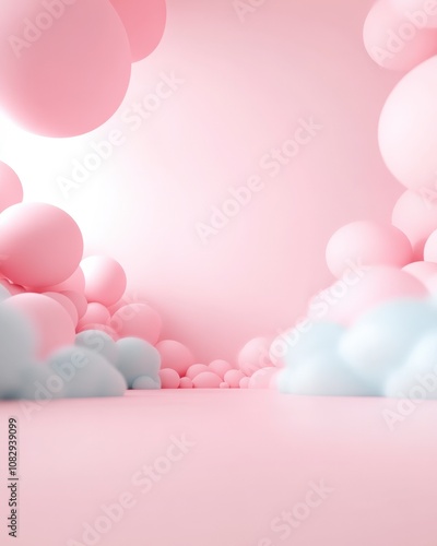 Pink and blue 3D cloud and balloon background with copy space.