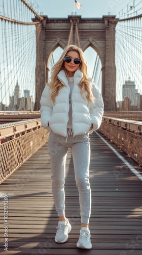 Woman walks confidently on Brooklyn Bridge wearing casual winter attire durin...