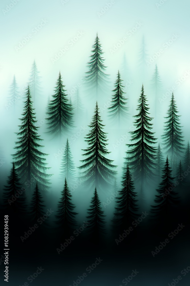 Fototapeta premium A misty forest with tall evergreen trees, creating a mysterious and serene atmosphere.