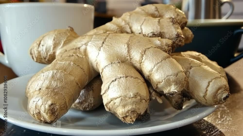 Fresh ginger root sits on a white plate in a cafe Fresh ginger root sits on a white plate in a cafe
