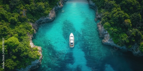 Aerial view of a pristine, turquoise bay surrounded by lush, green forest with a solitary white yacht floating peacefully in the crystal-clear waters