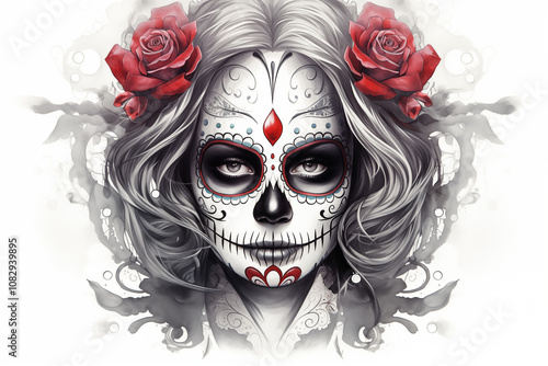 Colors day of the dead tattoo on white background. Día de los muertos. Tattoo. Tattoo ideas. For tattoo artists. Tattoo parlor. Colors ink. Isolated tattoo.	