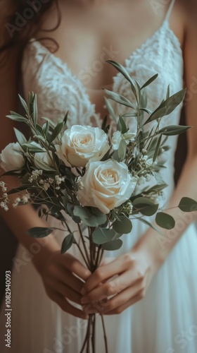 Elegant bride holding a delicate bouquet of white roses and greenery in soft ...