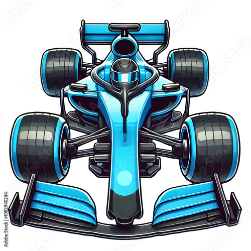 Blue formula 1 car cartoon icon front view, isolated on a transparent background.