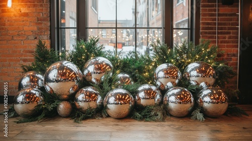 Beautifully decorated indoor space with festive trees and shiny ornaments dur...