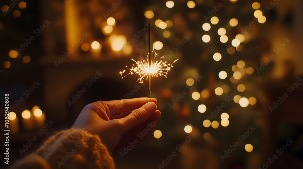 Hand holding a lit sparkler indoors with Christmas tree bokeh Hand holding a lit sparkler indoors with Christmas tree bokeh