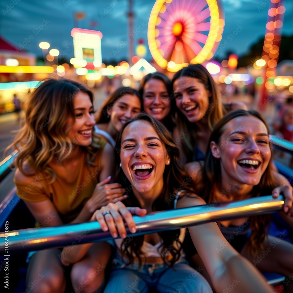 Funfair friends. Group of happy young women enjoying a ride at an amusement park at dusk.