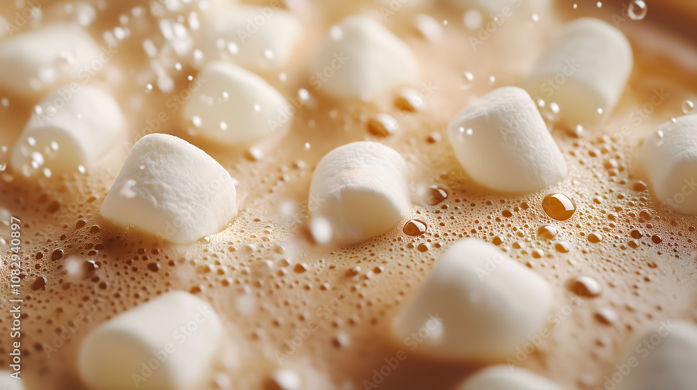 Creamy hot chocolate topped with mini marshmallows, close-up view Creamy hot chocolate topped with mini marshmallows, close-up view