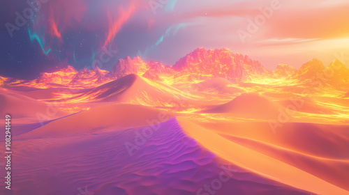 Surreal desert scene, with digital mirages and glowing sand dunes, digital art, 3d illustration. Mirage. Illustration