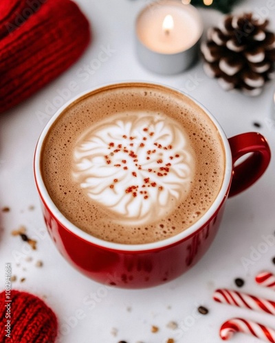 Red mug of cappuccino with latte art and Christmas decorations.