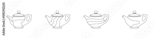 Linear teapot vector icon set. Outline of a classic Japanese teapot set. Ceramic teapot vector collection. Icon of a teapot for herbs. Tea party logo vector. Tea style vector.