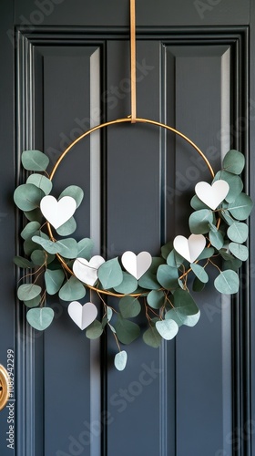 Decorative heart shaped eucalyptus wreath hanging on a dark blue door for a f...