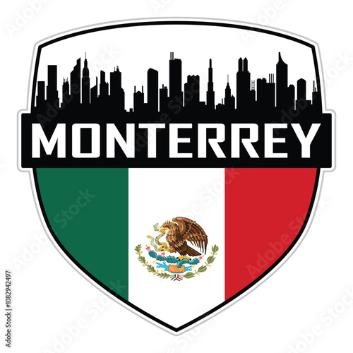 Monterrey Mexico Flag Skyline Cityscape Silhouette Travel Souvenir Sticker Isolated Vector