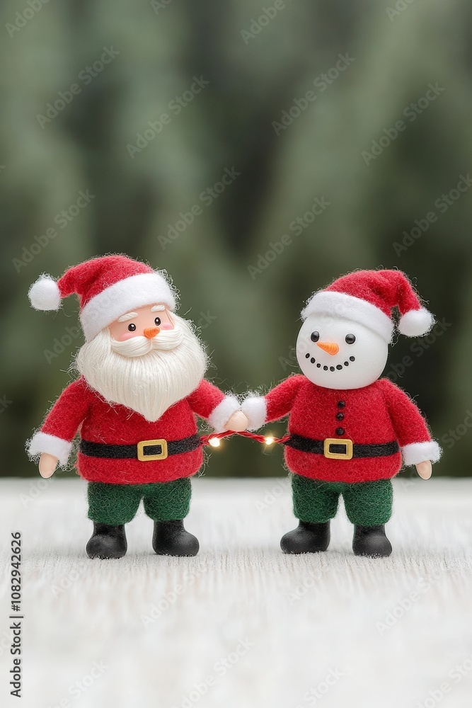 Santa Claus and a snowman holding hands with a string of Christmas lights in front of a green pine background. Santa Claus and a snowman holding hands with a string of Christmas lights in front of a green pine background.