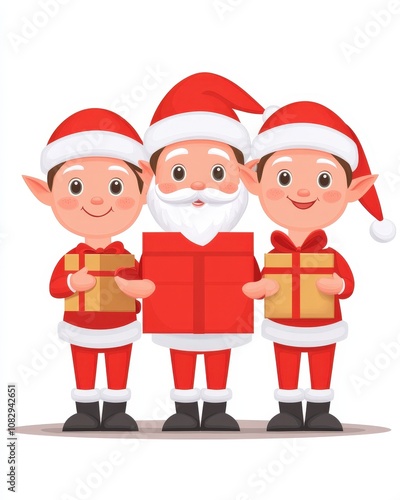 Santa Claus and his elves holding Christmas gifts.