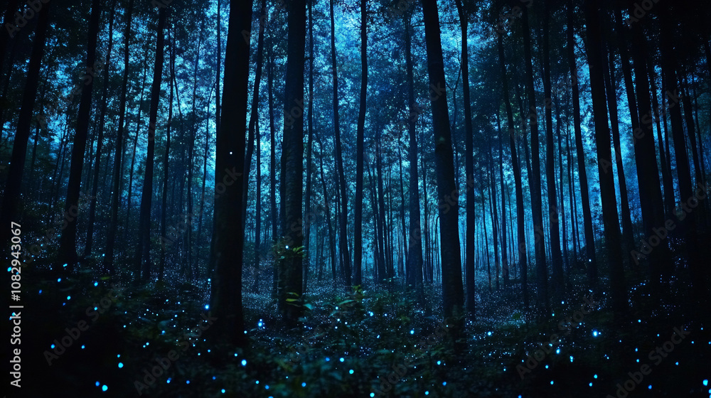 Fototapeta premium Bioluminescent Forest Night: Magical Firefly Glow, Dark Trees, Mystical Atmosphere