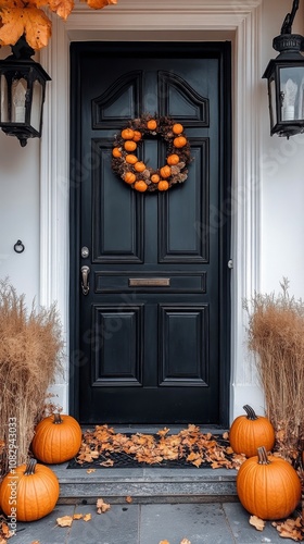 Charming autumn entrance with pumpkins, lanterns, and decorative grasses in a...