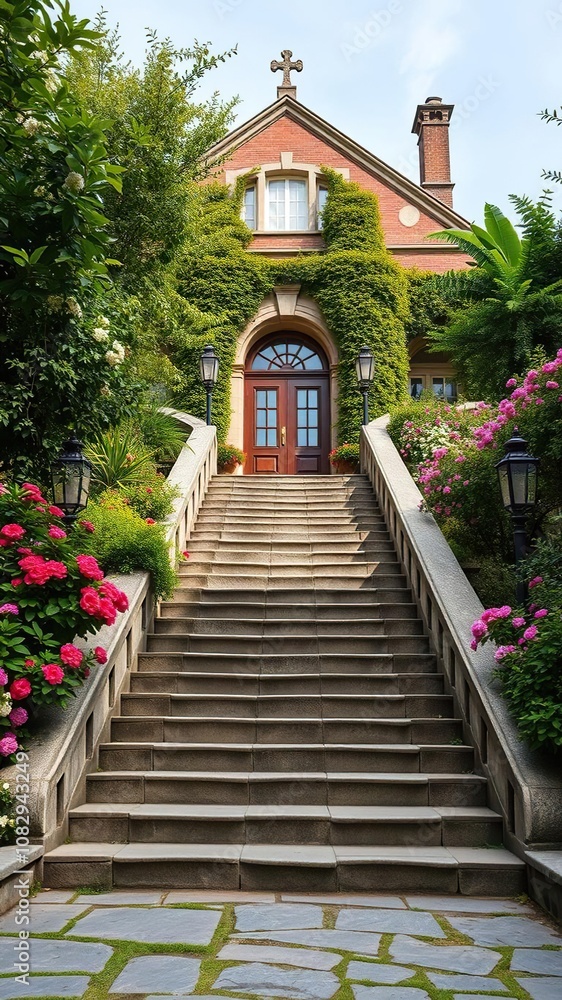 A picturesque stone staircase leading up to a grand entrance of a historic building surrounded by lush greenery and blooming flowers, historic, steps A picturesque stone staircase leading up to a grand entrance of a historic building surrounded by lush greenery and blooming flowers, historic, steps