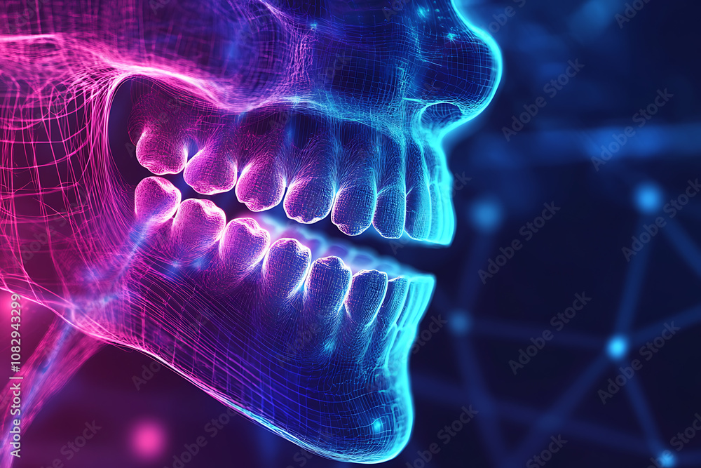 Abstract digital background featuring a human jaw and teeth, symbolizing modern dentistry and oral health advancements. Abstract digital background featuring a human jaw and teeth, symbolizing modern dentistry and oral health advancements.