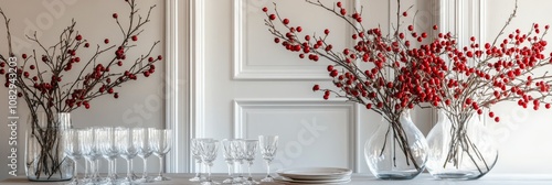 Elegant arrangement of red berries in a glass vase beside crystal wine glasse...