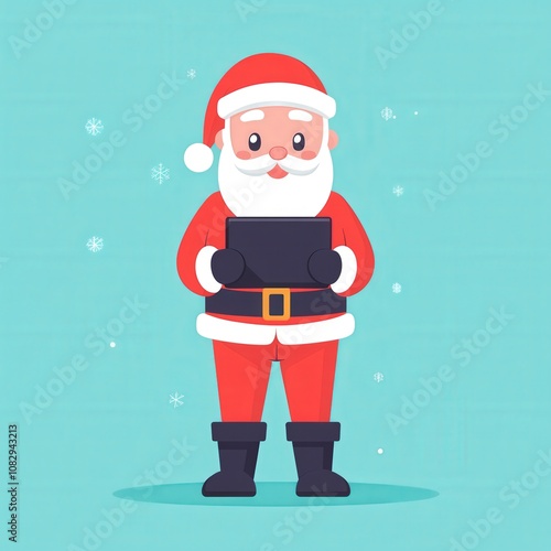 Santa Claus holds a tablet in front of a blue background with falling snow.