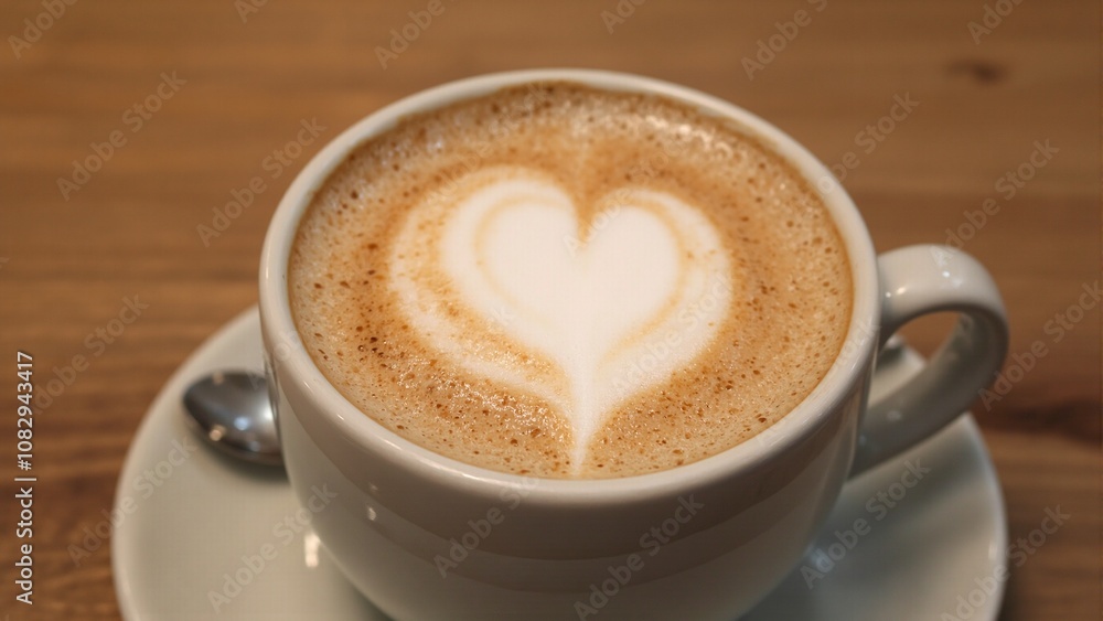 Elegant vanilla latte with heart foam art in ceramic mug Elegant vanilla latte with heart foam art in ceramic mug