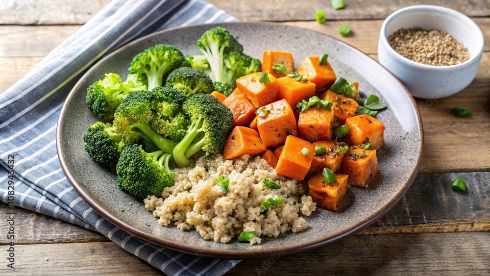 A plate of steamed broccoli with a side of quinoa and roasted sweet potatoes, broccoli, nutrition, wellness, wholesome A plate of steamed broccoli with a side of quinoa and roasted sweet potatoes, broccoli, nutrition, wellness, wholesome