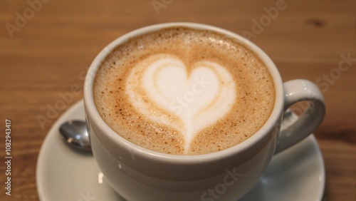 Elegant vanilla latte with heart foam art in ceramic mug