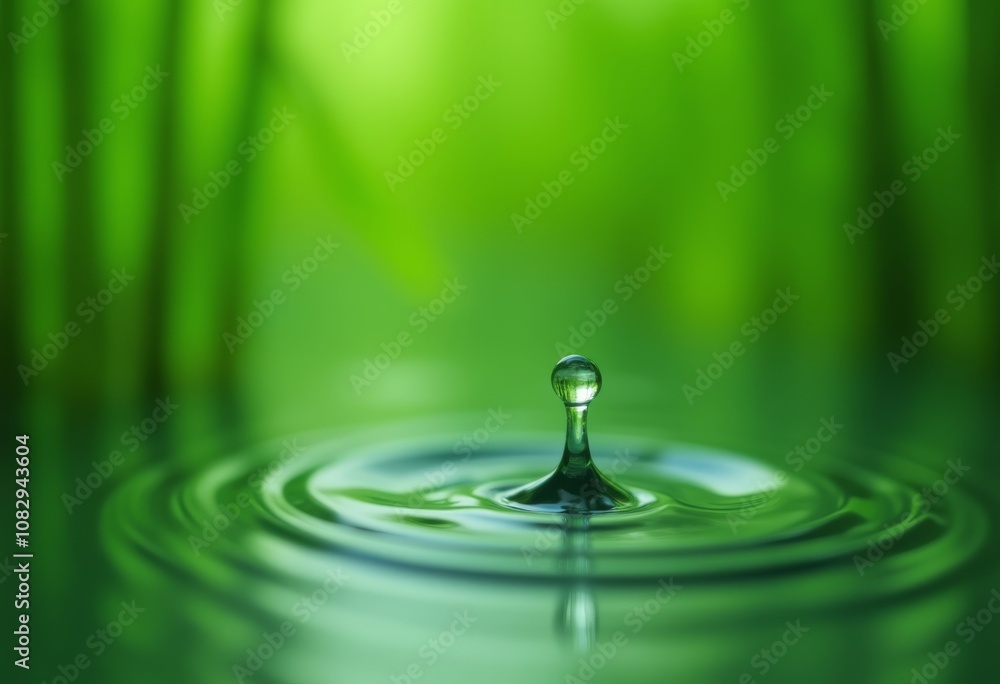 A single water droplet creates ripples on a serene green surface surrounded by lush vegetation in a tranquil environment A single water droplet creates ripples on a serene green surface surrounded by lush vegetation in a tranquil environment