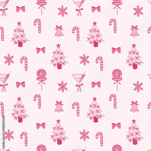 Festive Pink Christmas Pattern With Candy Canes and Trees