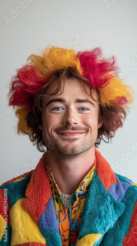 Brightly dressed performer with colorful hair smiles cheerfully in a playful ...