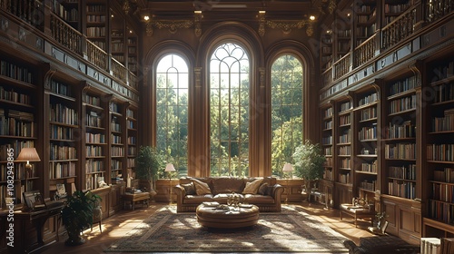 A grand library with floor-to-ceiling bookshelves, a leather sofa, and large arched windows overlooking a lush green forest.