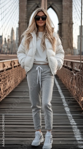 Woman walks confidently on Brooklyn Bridge wearing casual winter attire durin...