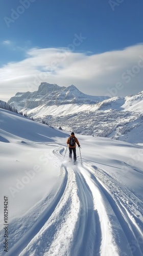 Skiing across pristine snowy landscapes in winter with soft light illuminatin...